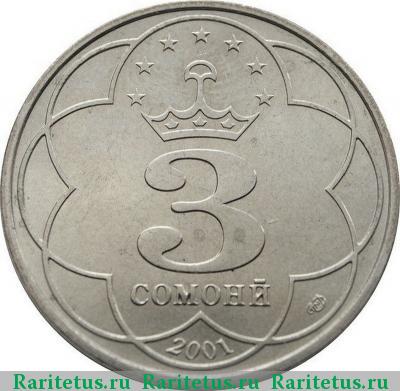 Реверс монеты 3 сомони 2001 года  