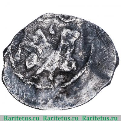 Реверс монеты полушка Федора Ивановича чекан Пскова 1584-1598 годов  птица вправо/вязь